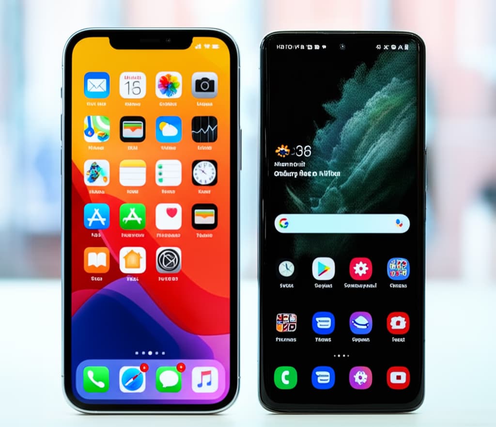 Side-by-side comparison image of an Apple iPhone and a Google Android smartphone, highlighting their design, screen, and interface differences.