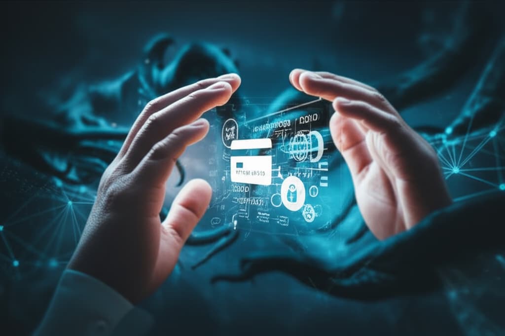 A visual metaphor for identity theft prevention, showing hands protecting digital personal data from shadowy cyber threats. Illustrates cybersecurity, data protection, and online security measures.
