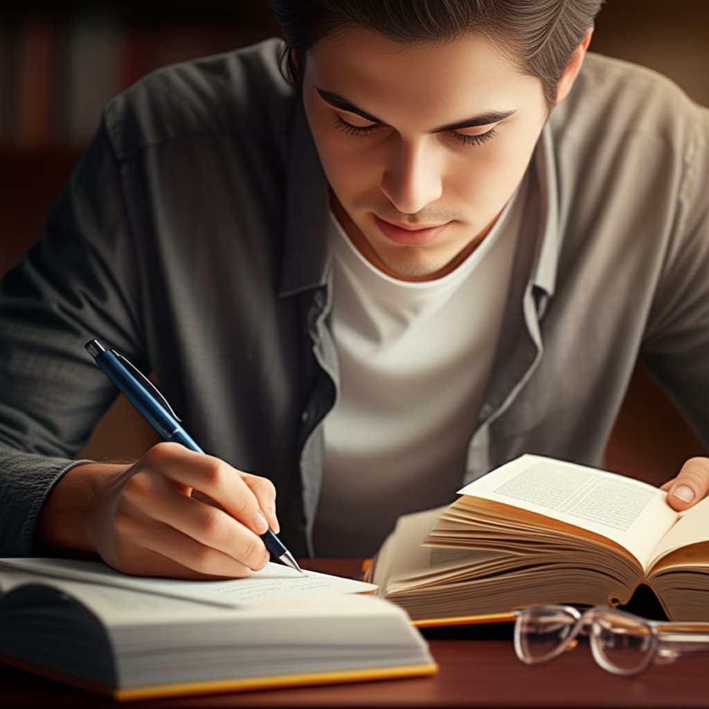 A person deeply engaged in individual study, surrounded by books and notes, representing focused learning and academic dedication in a realistic, high-quality image.