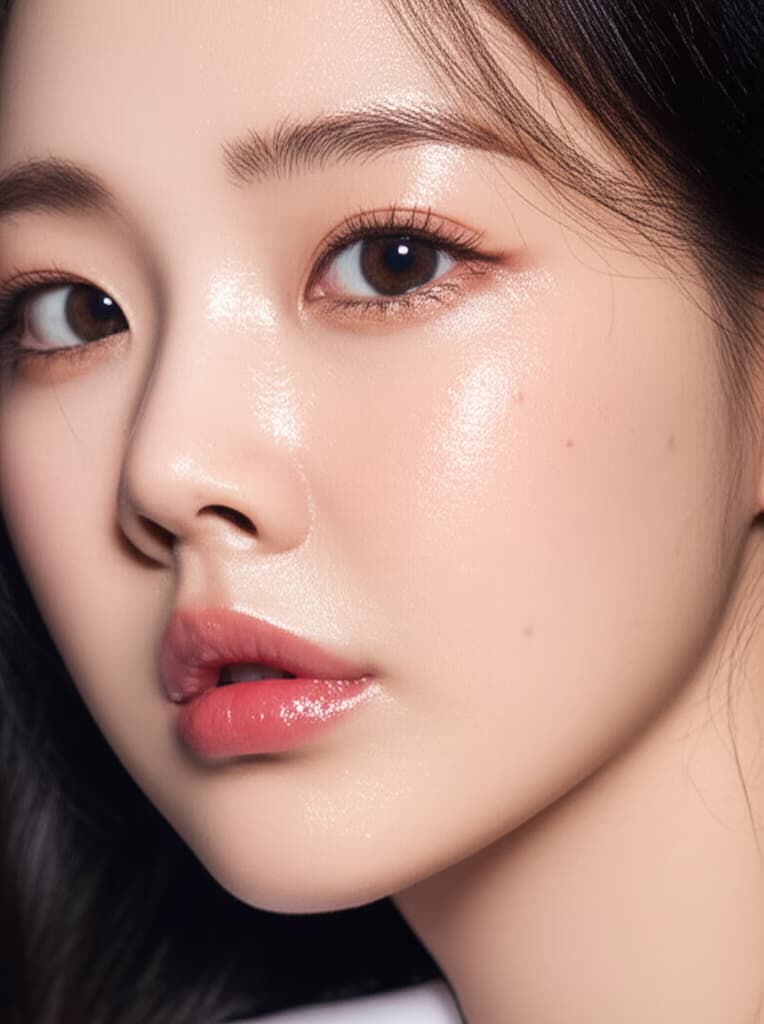 Close-up of a young East Asian woman with a natural Korean makeup look, featuring dewy glass skin, soft gradient lips, and subtle eye makeup, showcasing K-beauty trends.