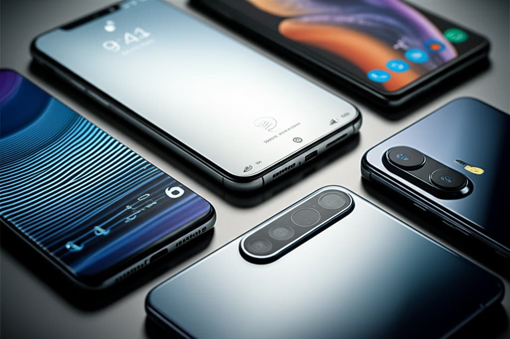 Detailed close-up image of the latest smartphone models, showcasing sleek designs, large edge-to-edge displays, and advanced multi-camera systems from top brands, optimized for product viewing.