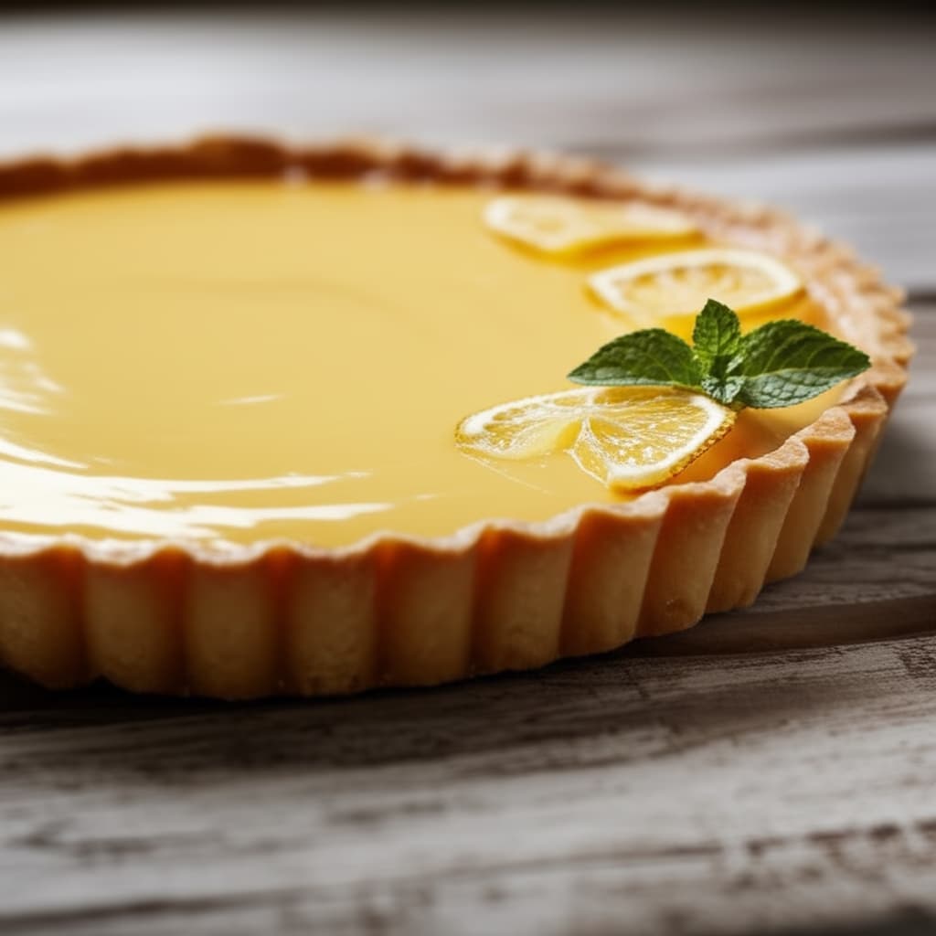 Close-up of a perfectly baked, realistic lemon tart with bright yellow, glossy lemon curd and a golden, flaky pastry crust, garnished with candied lemon slices and fresh mint on a rustic wooden background. Ultra high quality food photography.