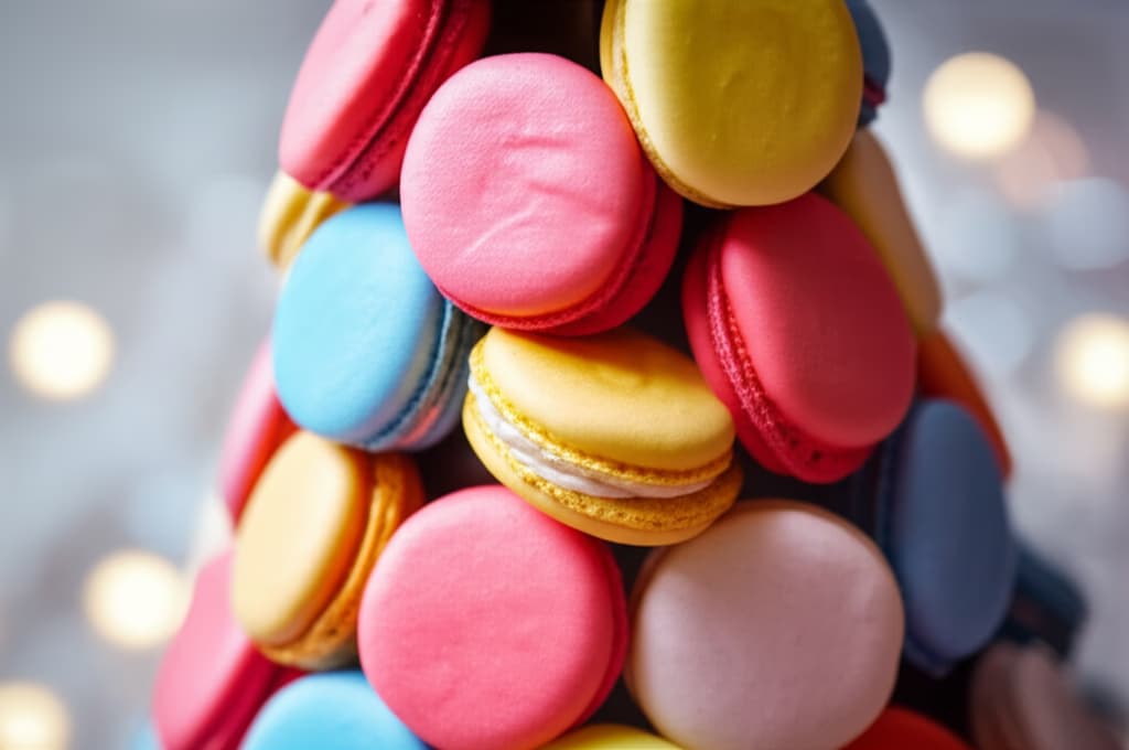 Tall, elegant macaron tower with colorful French macarons in various flavors, beautifully arranged for a wedding, party, or special event dessert display.