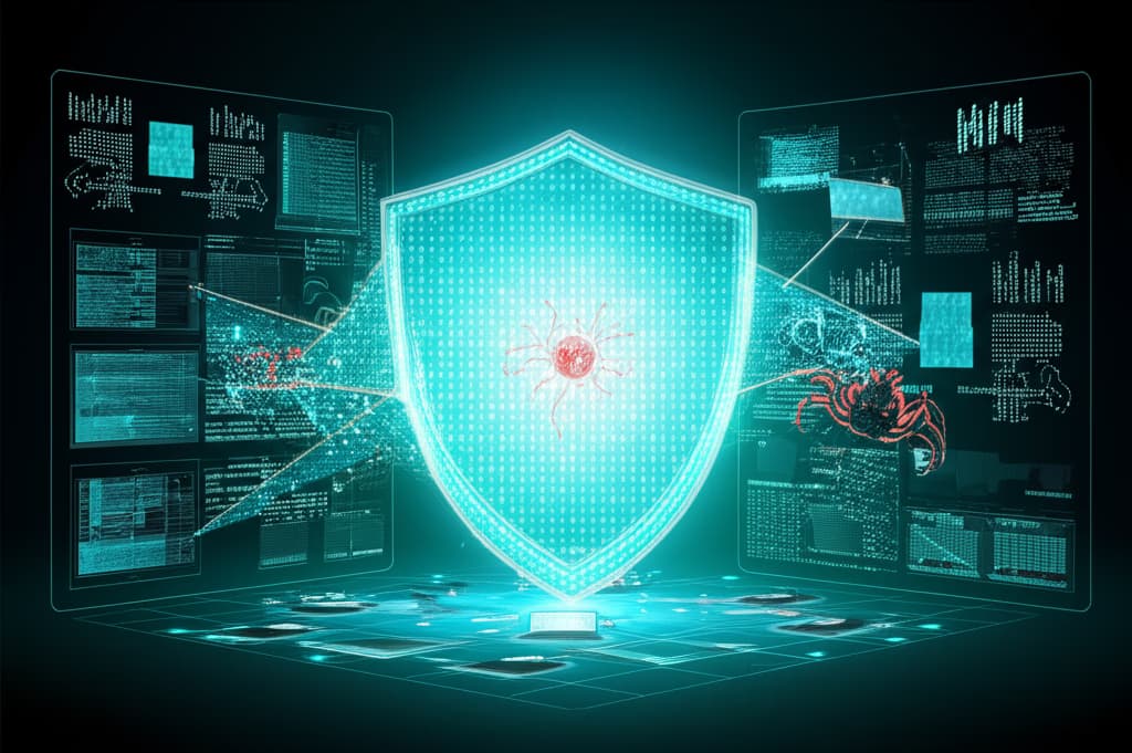 An illustration of advanced malware detection tools actively scanning and protecting interconnected digital devices, symbolizing robust cybersecurity software against online threats and viruses.