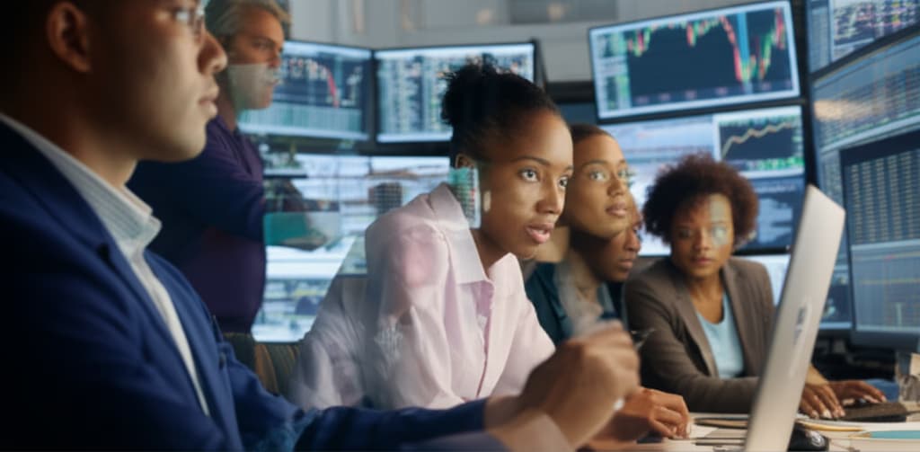 Realistic image depicting market sentiment with investors reacting to live stock market data, charts showing fluctuating trends, and a diverse group of people reflecting various emotions from optimism to caution.