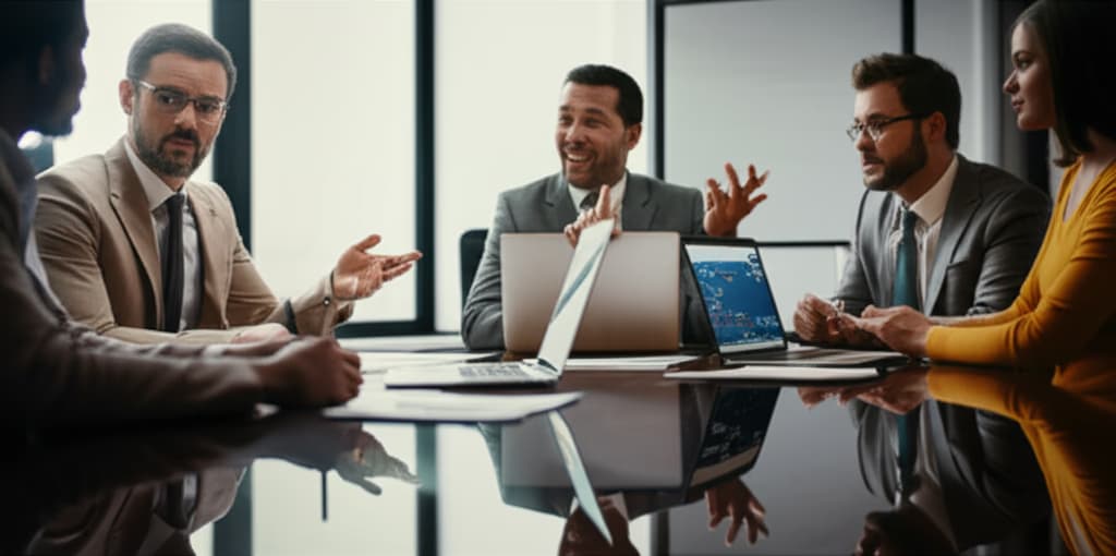 Diverse business team actively engaged in a professional meeting discussion, seated around a modern conference table with laptops and documents, depicting collaborative teamwork and productive dialogue.