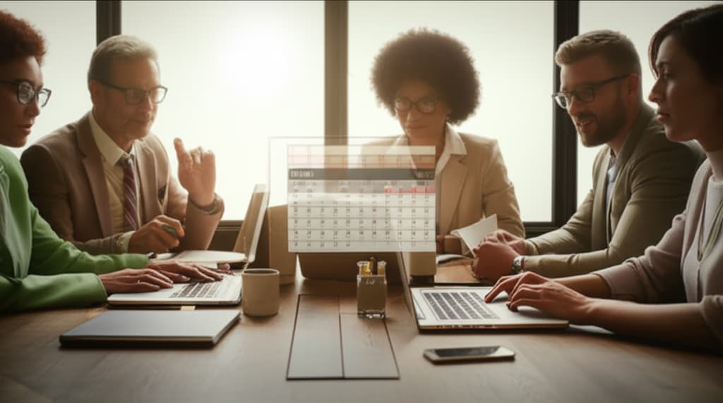 High-quality image for a meeting invitation showing diverse professionals collaborating in a modern conference room, ideal for business event invites and digital calendars.