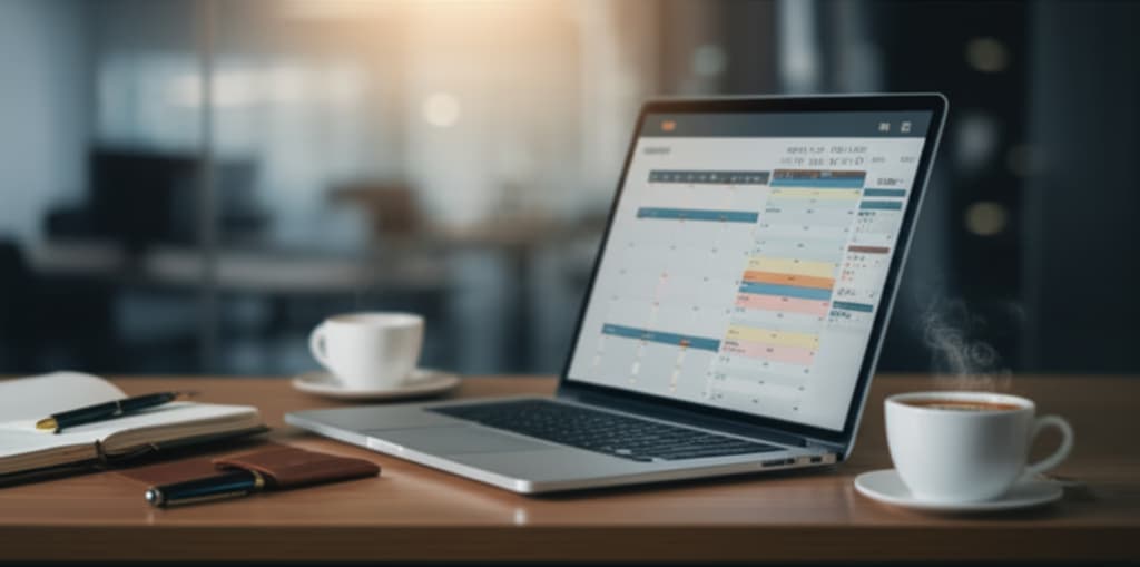 A professional desk setup featuring an open laptop displaying a detailed digital meeting schedule, an open planner, and a pen, emphasizing organized time management in a modern office.