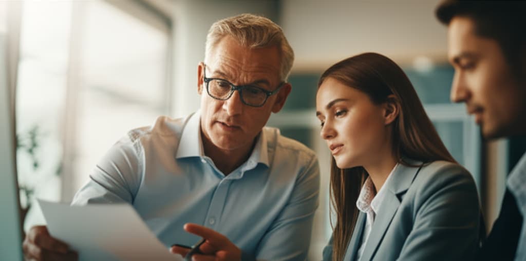 A professional female mentor actively guiding a young male mentee in an office setting, representing career development and collaborative learning.