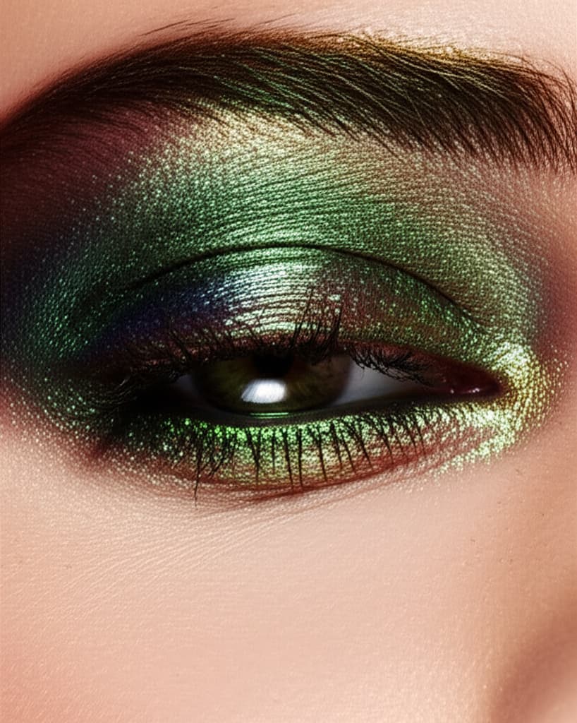 Close-up of an eye wearing vibrant, shimmering metallic eyeshadow with high pigment and reflective finish, showcasing detailed makeup application.