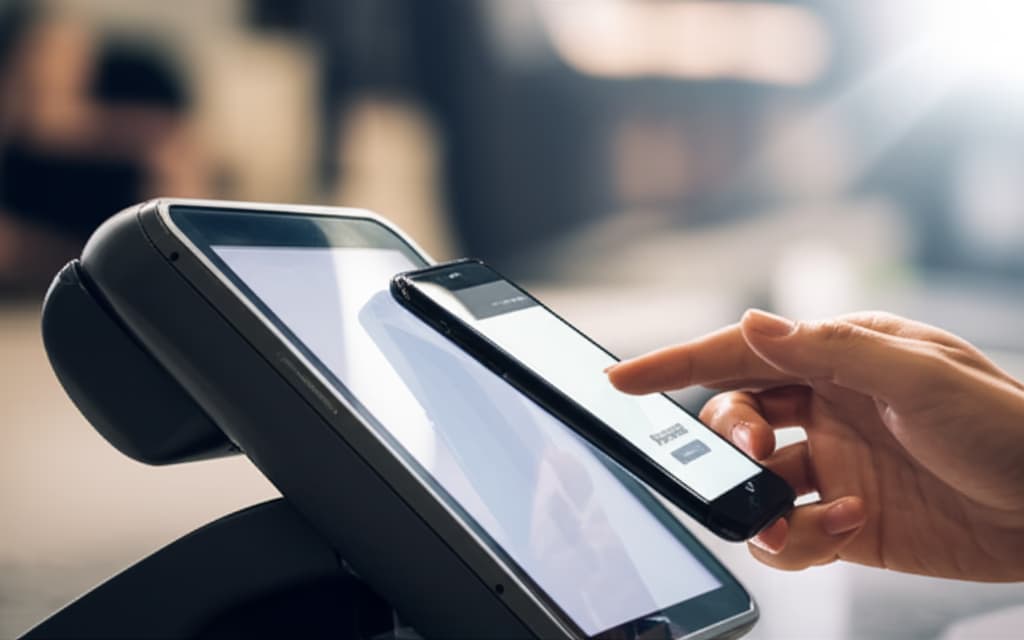 Close-up of a hand using a smartphone for a mobile payment transaction at a retail terminal, representing secure and convenient digital wallet payments.