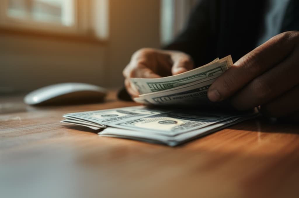 Close-up of hands efficiently counting a large stack of hundred-dollar bills on a wooden table, illustrating accurate cash handling and financial transaction processes for business accounting.