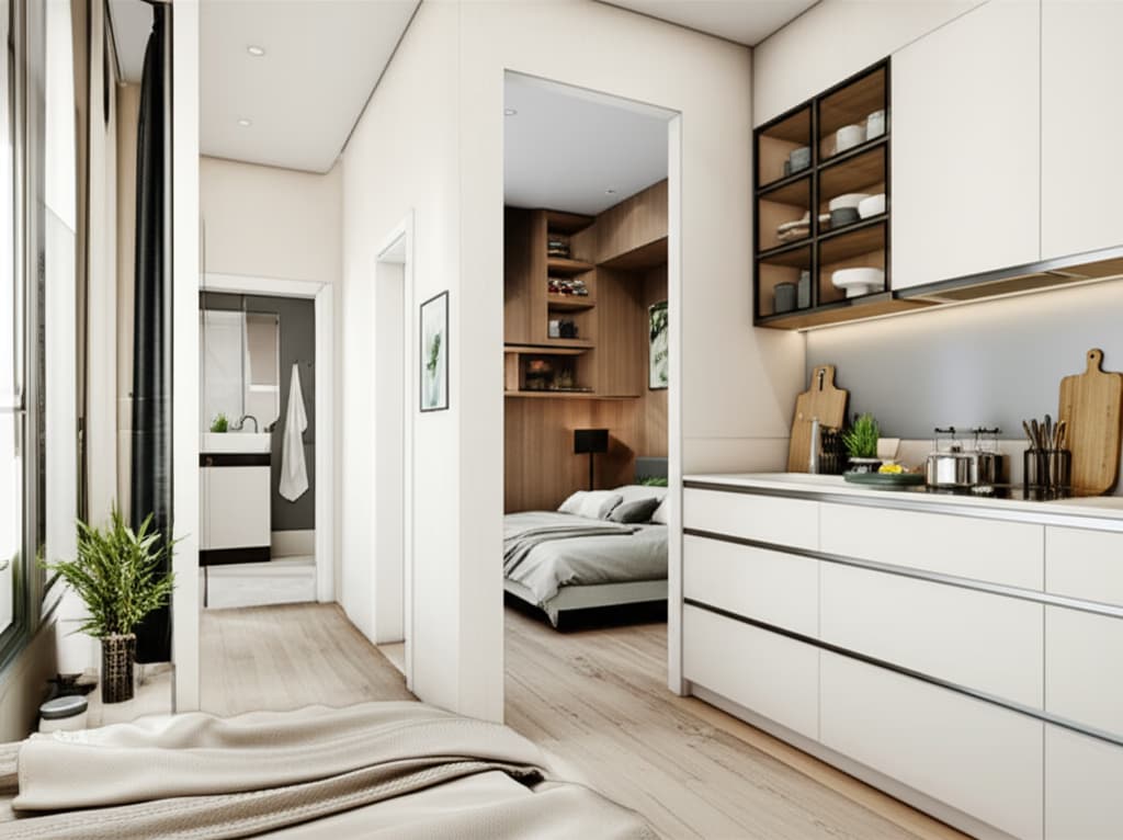 An interior view of a modern and comfortable mother-in-law suite, showcasing a compact living area, a small kitchenette, and a glimpse of the private bedroom. Designed for independent living with ample natural light.