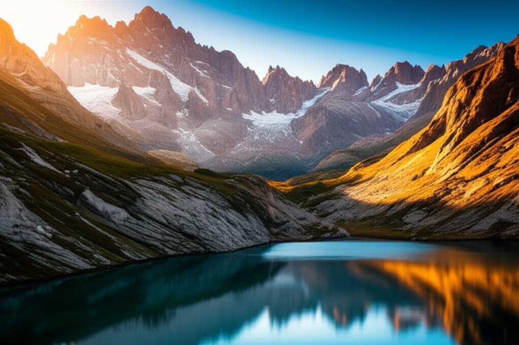 Panoramic view of a majestic mountain range with snow-capped peaks, clear alpine lake, and vibrant sunset sky, showcasing natural beauty.