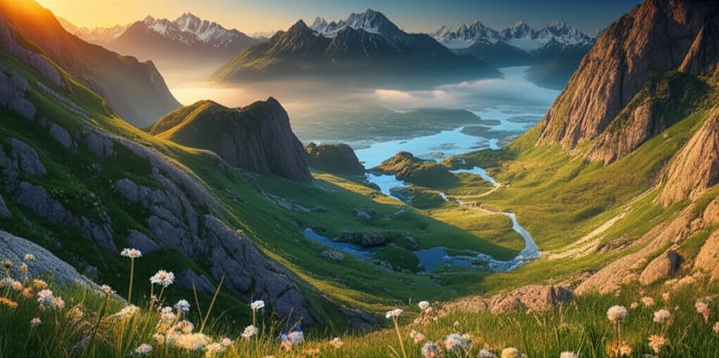 Panoramic view of a serene mountain valley with lush green meadows, a winding river, and towering snow-capped peaks under a clear sky.