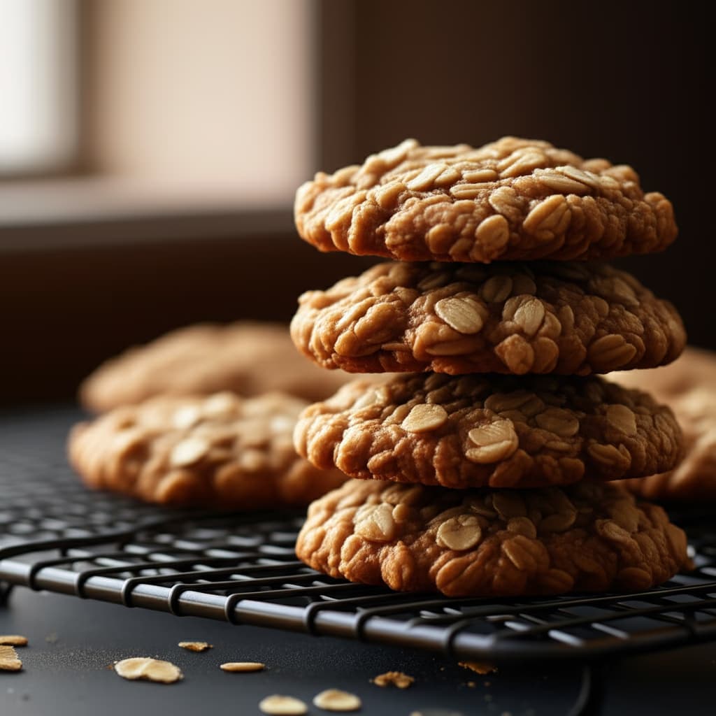 Close-up of several golden-brown, freshly baked oatmeal cookies stacked on a cooling rack, showcasing their textured surface with visible oats. The cookies appear warm and inviting, perfect for a comforting snack.