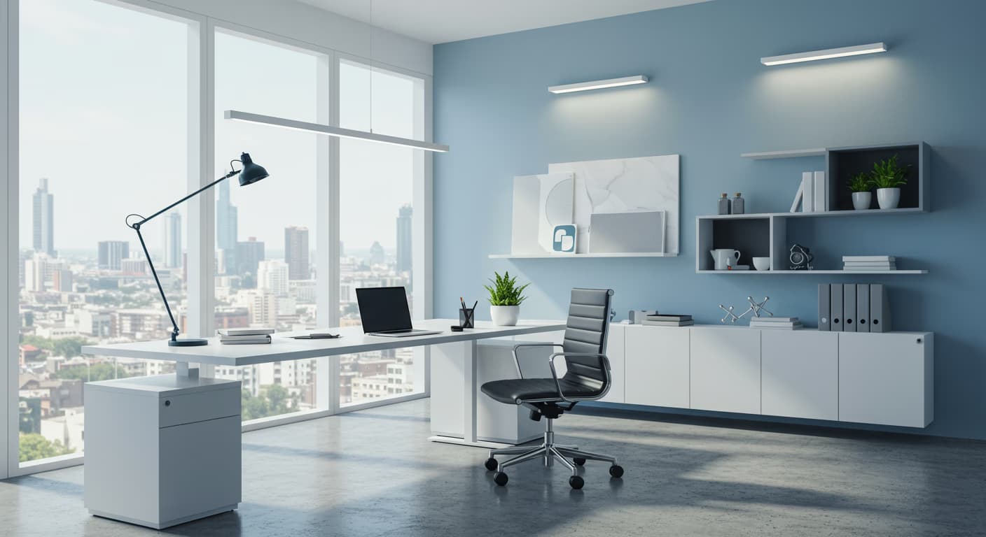 Clean modern office workspace with desk, computer, and organized supplies
