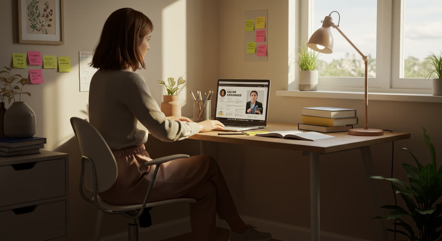 Online learning setup with laptop, books, and study materials on desk