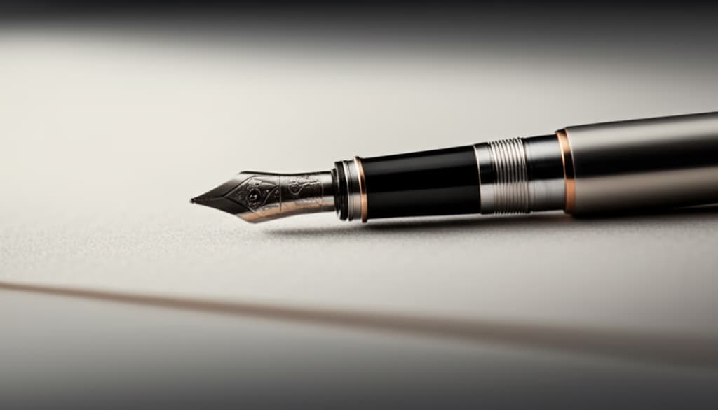Close-up of a detailed ink pen resting on a textured sheet of paper, ready for writing. Highlights the quality of the paper and the craftsmanship of the pen, symbolizing creativity and note-taking.