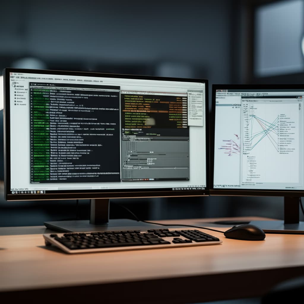Close-up of a digital interface displaying various penetration testing tools, code, and network data, with a cybersecurity professional's hands at a keyboard, symbolizing ethical hacking and network vulnerability assessment.
