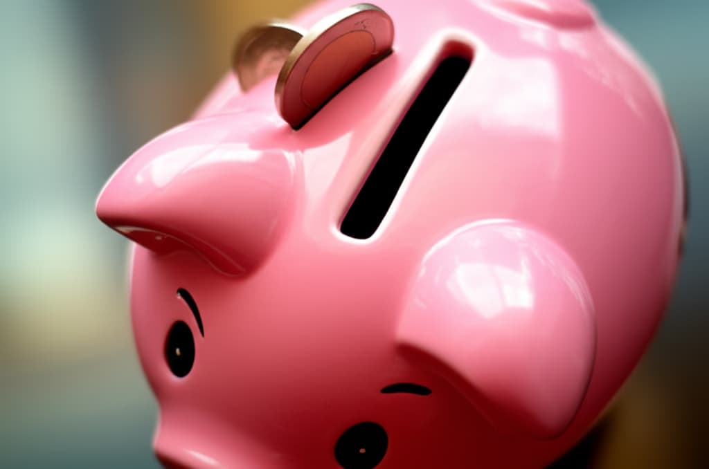A traditional pink ceramic piggy bank with a coin slot on its back, sitting on a wooden surface, symbolizing saving money and financial security. A few shiny coins are visible in the slot.
