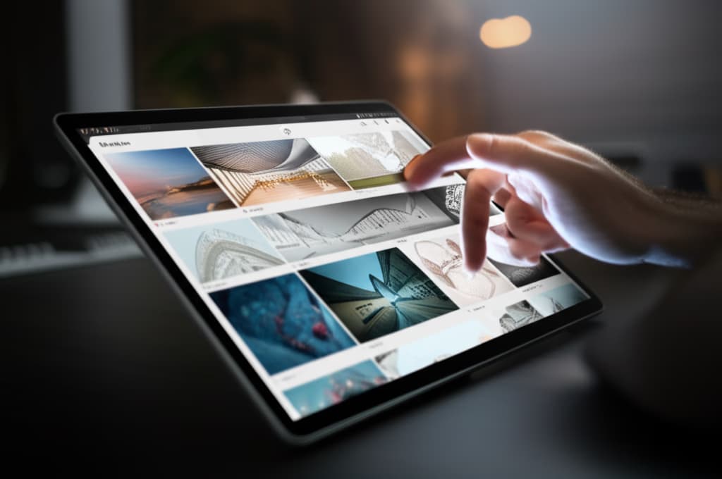 High-resolution image of a digital portfolio showcasing diverse professional work on a screen, held by hands, emphasizing quality and creative expertise.