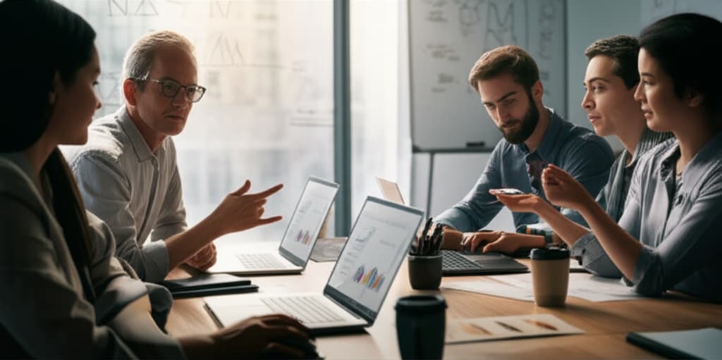 A diverse team of professionals actively participating in a project meeting, collaborating around a conference table in a modern office, symbolizing effective teamwork and strategic business discussions.