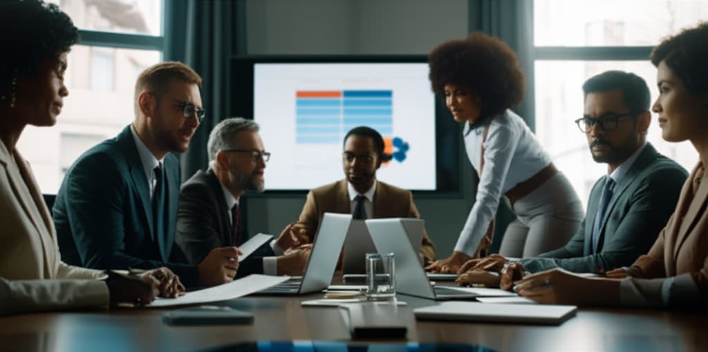 Diverse business team collaborating in a quarterly meeting conference room