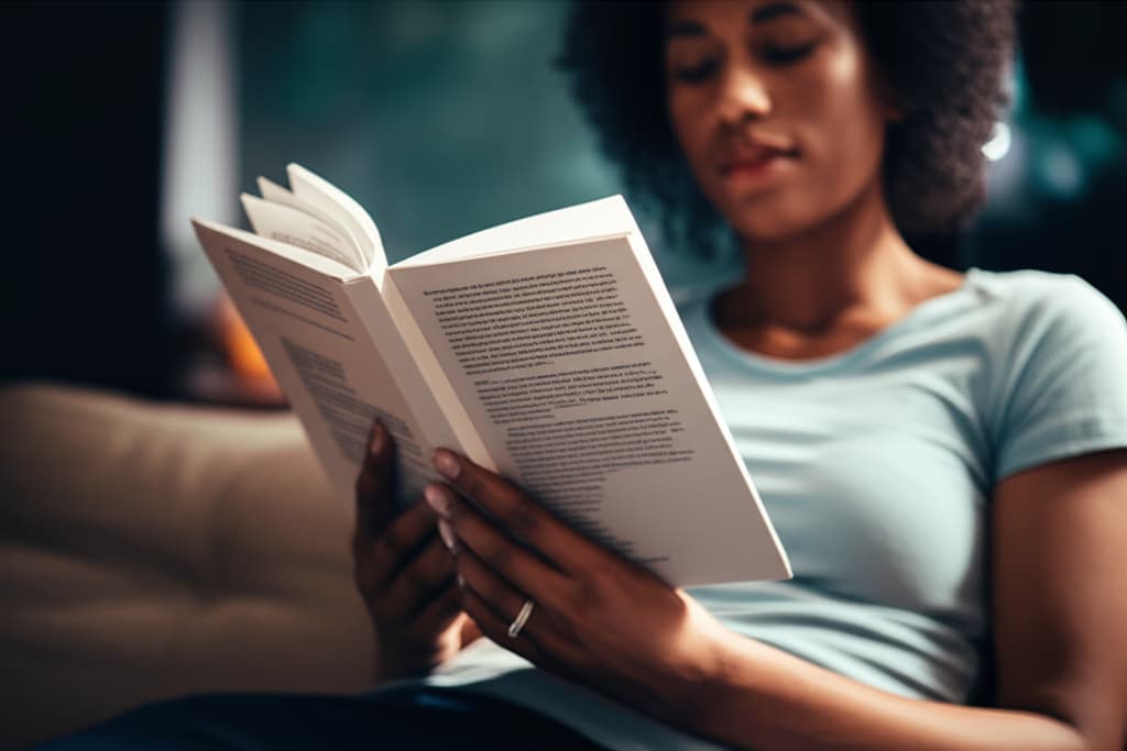 A person comfortably reading a physical book in natural light, showcasing a moment of deep concentration and tranquility. Realistic and highly detailed capture of reading.