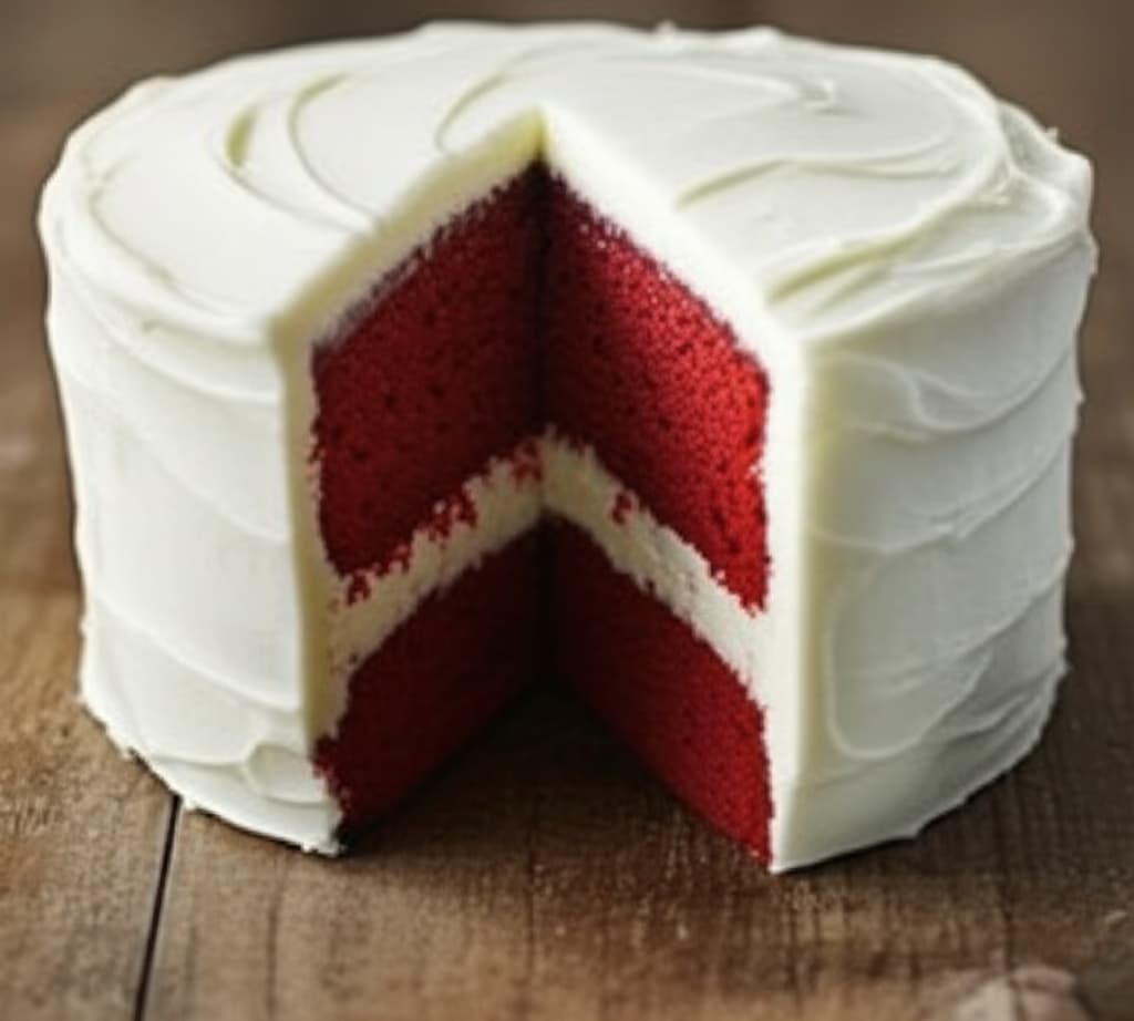 A moist slice of red velvet cake with thick white cream cheese frosting on a plate, showcasing its rich crimson color and velvety texture, perfect for dessert lovers.