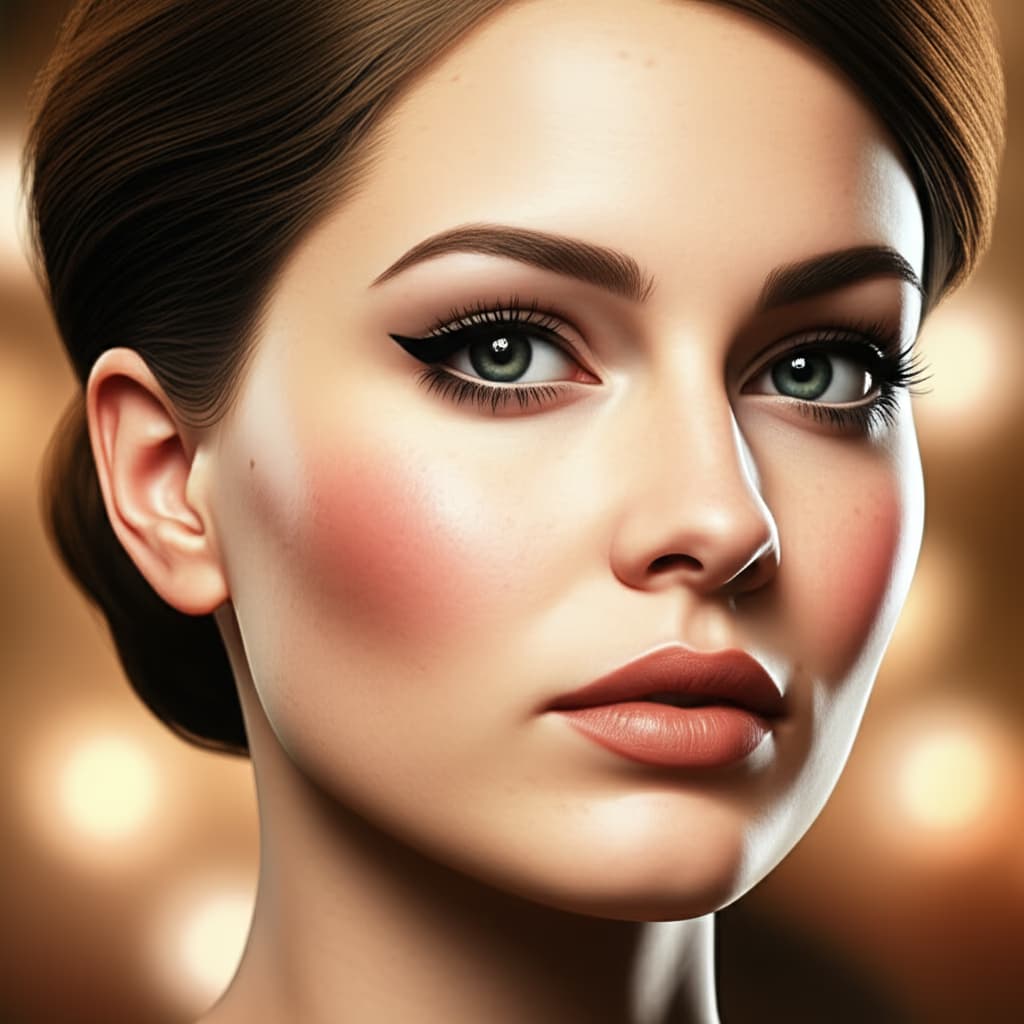Close-up portrait of a woman with a classic retro makeup look, featuring winged eyeliner, soft lipstick, and vintage hair, ideal for beauty inspiration.