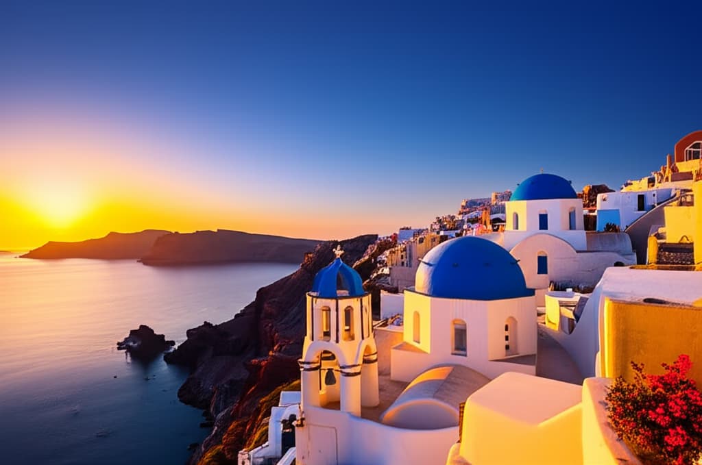 Breathtaking Santorini sunset over Oia village, featuring white buildings, blue domes, and the Aegean Sea caldera.