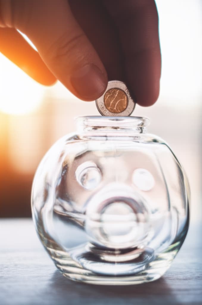 Close-up of a hand carefully placing a shiny coin into a clear glass piggy bank, symbolizing financial savings, secure investments, and future growth.