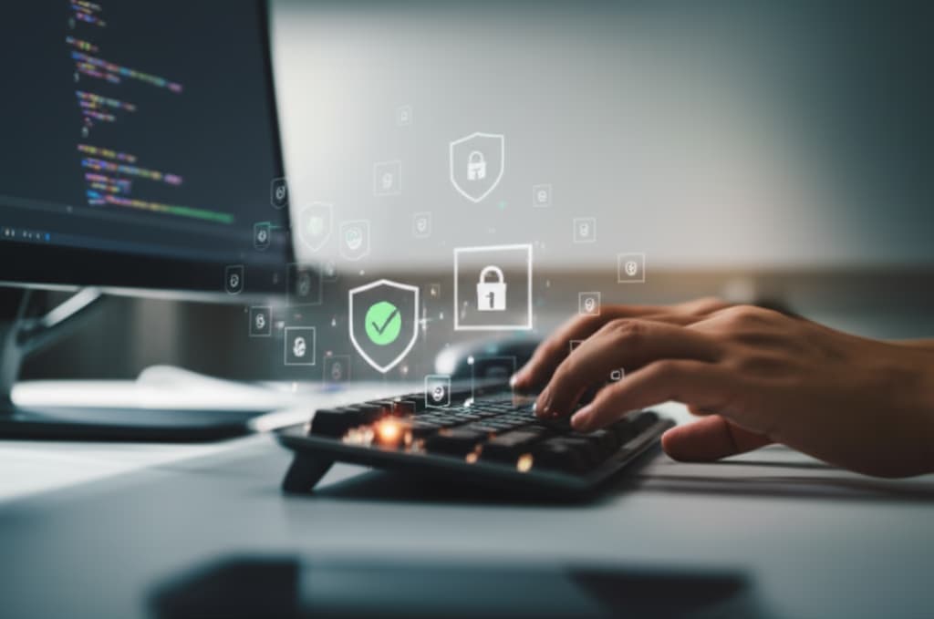 Close-up of a software developer's hands typing secure code on a keyboard, with digital security icons overlaid on the screen, emphasizing robust secure coding practices and cybersecurity in software development.