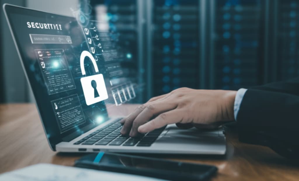 Image of a cybersecurity professional reviewing a detailed security audit checklist on a laptop, emphasizing data protection, network security, and IT compliance.