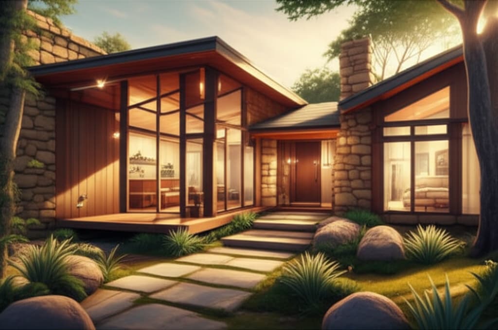 A beautiful, modern small house design with a minimalist aesthetic, natural wood siding, large windows, and a surrounding lush green garden.