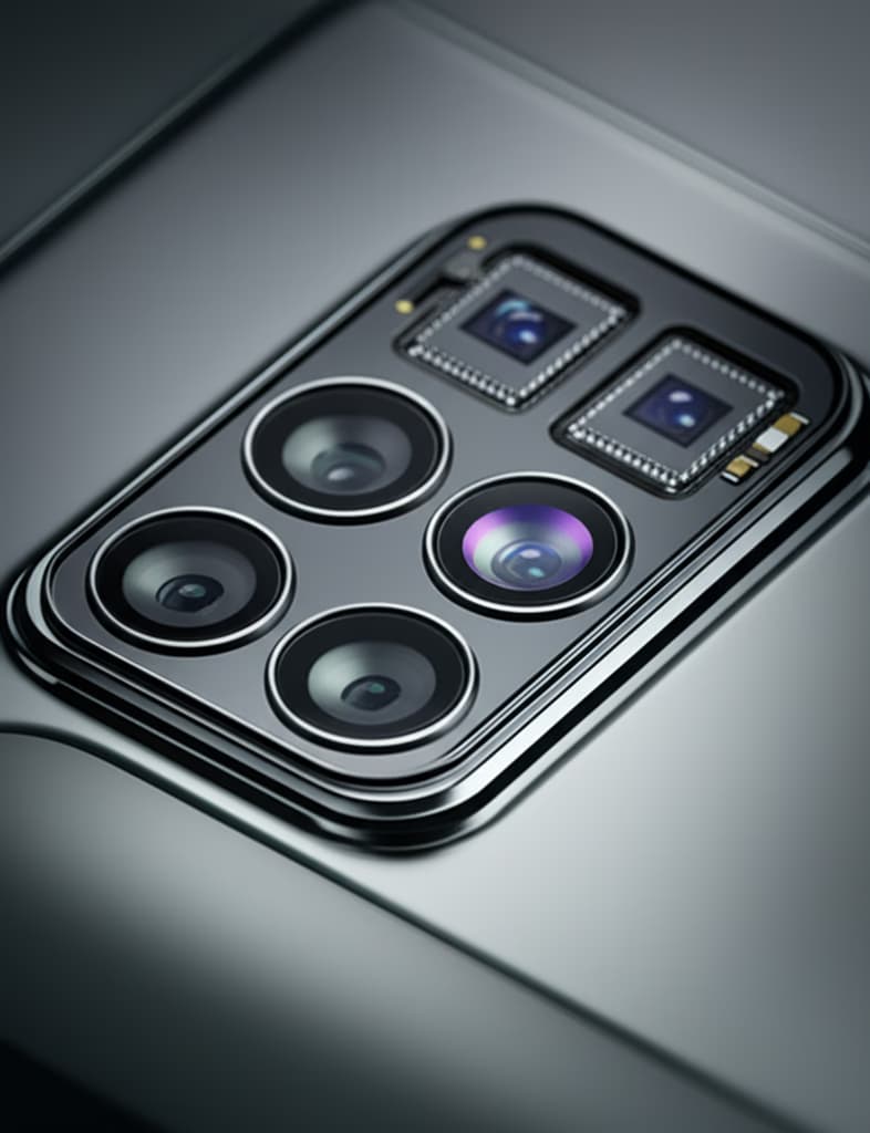 Close-up of a modern smartphone camera module, showcasing multi-lenses, large image sensor, and advanced computational photography technology for superior image quality.