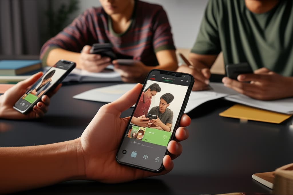 Diverse group of students and adults actively engaged in smartphone education, utilizing mobile devices for learning digital skills, online courses, and enhancing technological literacy in a modern educational setting.