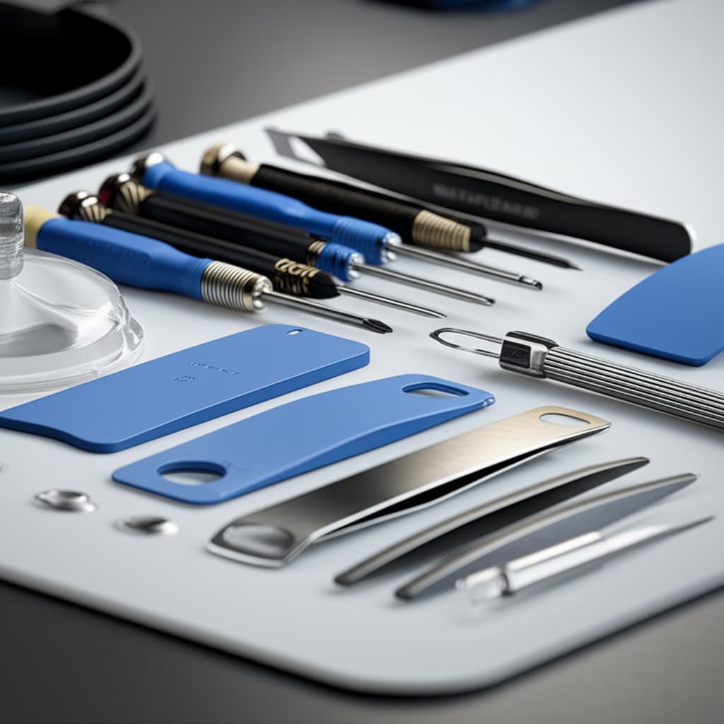 A complete set of high-quality smartphone repair tools laid out on a light workbench, including precision screwdrivers, plastic spudgers, metal opening tools, and anti-static accessories for mobile device repair.
