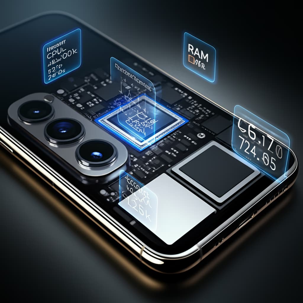 Close-up view of a modern smartphone displaying internal components and technical specifications such as processor, camera, and battery data.