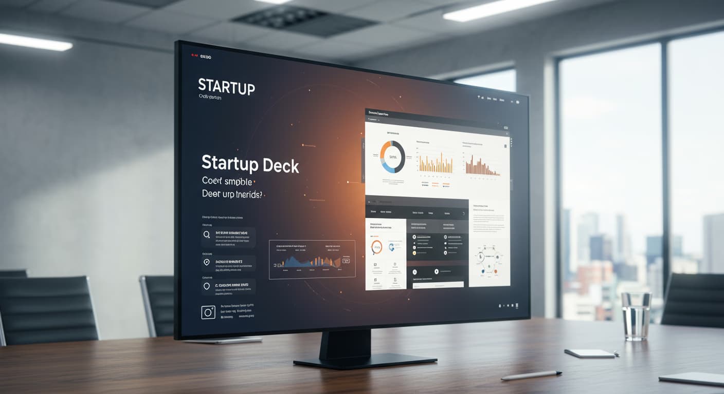 Startup pitch deck presentation slides displayed on laptop and projector screen