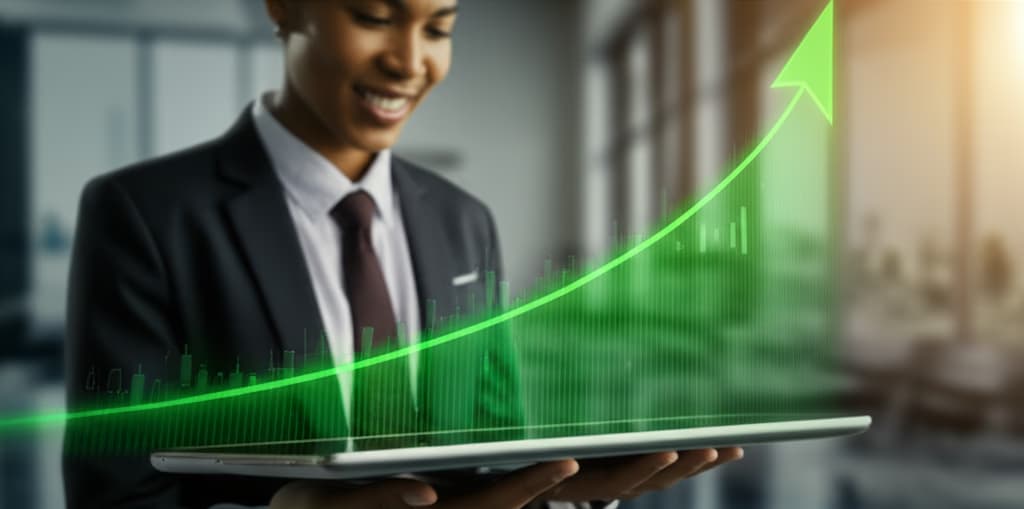 Realistic digital stock chart displaying significant green upward trends and profitable stock gains, symbolizing financial investment success and market growth.