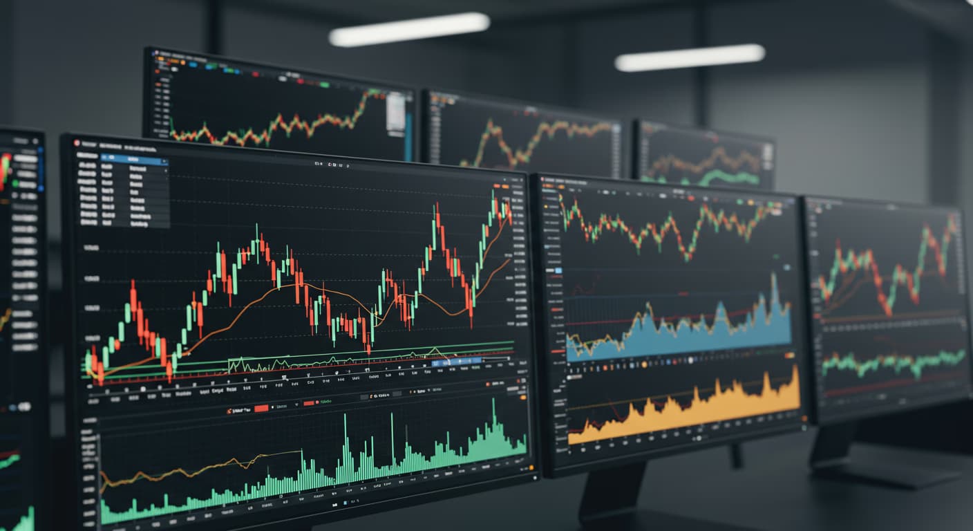 Stock market charts showing price movements and trading data on computer screen