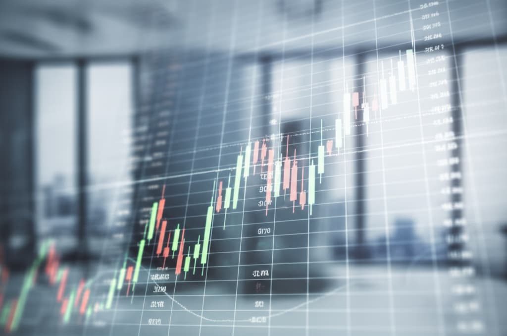 Detailed stock market graph with candlestick patterns showing financial data and investment trends on a digital display.