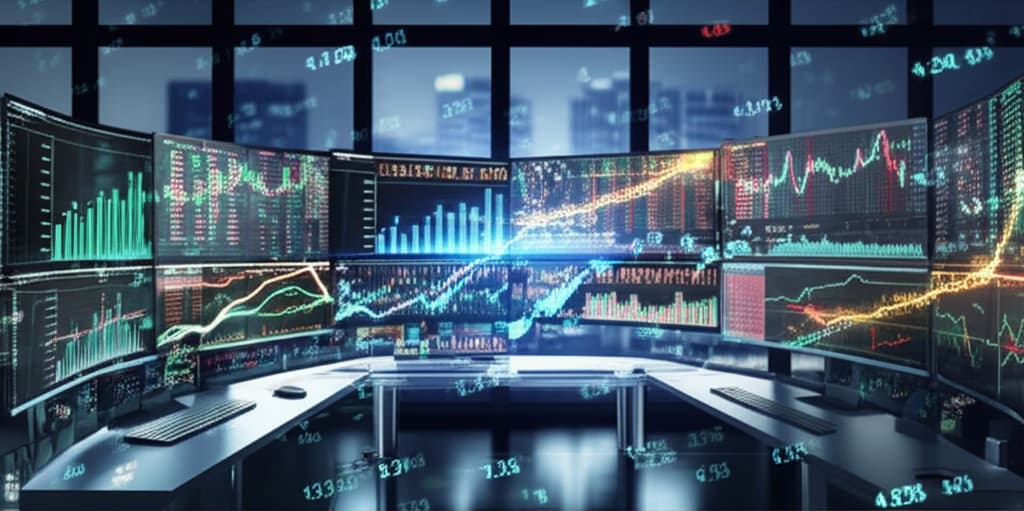 Close-up of computer screens displaying live stock market charts, financial data, and trading algorithms in a modern, high-tech environment, symbolizing global investment and financial growth.