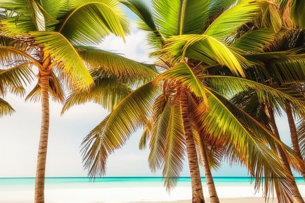 Majestic palm trees swaying gently in the wind on a idyllic tropical beach with white sand and clear blue ocean water, a serene and calming natural scene.