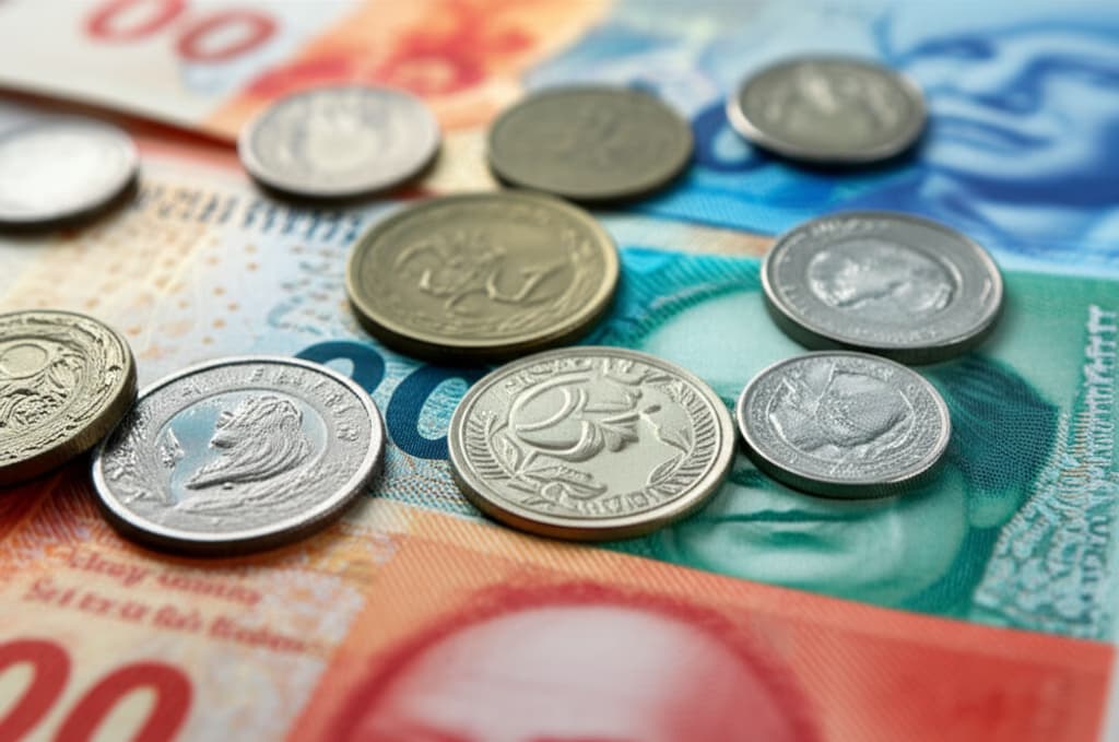 Close-up image of Swiss Franc banknotes and coins showcasing their detailed design and security features, representing Switzerland's stable currency.