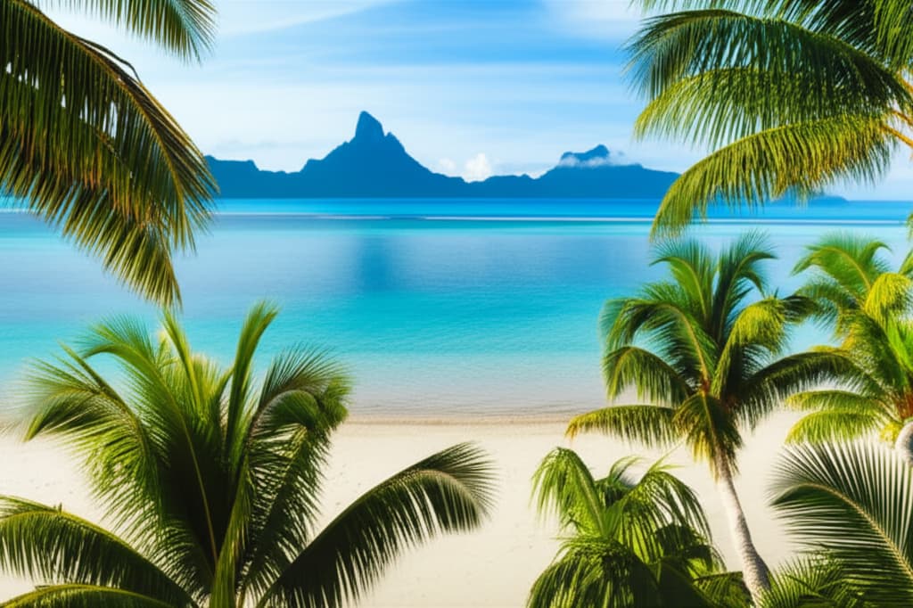 Ultra-realistic photo of a serene Tahiti beach with white sand, turquoise water, and lush palm trees, capturing the essence of a tropical paradise.