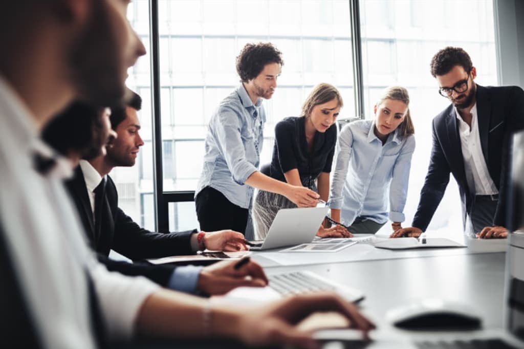 Diverse team collaborating actively around a large screen in a modern office, symbolizing effective teamwork and shared success.