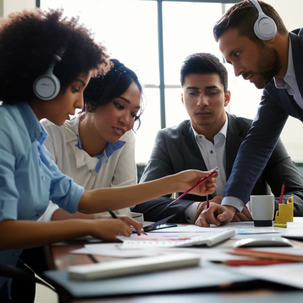 A diverse professional team actively engaged in a brainstorming session, demonstrating strong team effort and collaborative problem-solving in a bright, modern office.